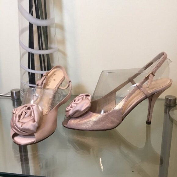 KATE SPADE Slingback Suede Rose Gold Satin Metalic Heels Sandals Bow Neutral 7.5 - Picture 4 of 11